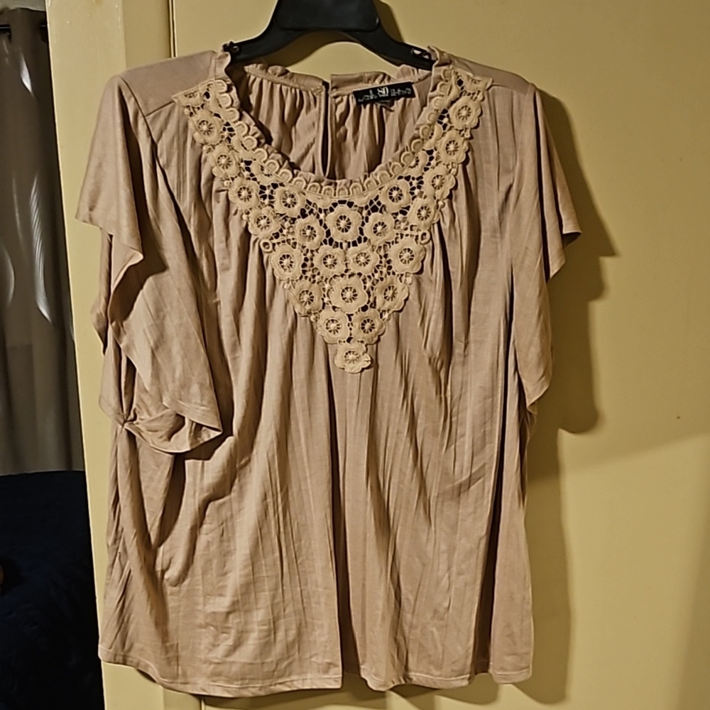Tan Embellished Scoop Neck Blouse